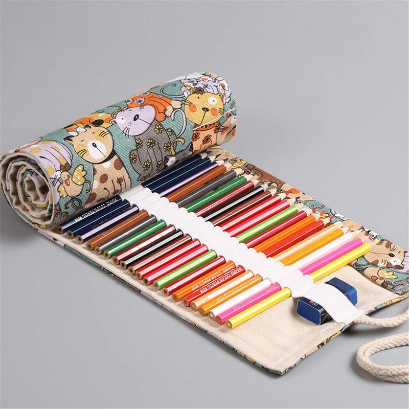 Funny live 36/48/72 Slots Colored Pencil Wrap Pencils Roll Holder Coloring Pencils Organizer Holder Colored Pen Paint Brush Storage Pouch Portable for Artist Student (Cat, 48 Slots) - Image 2